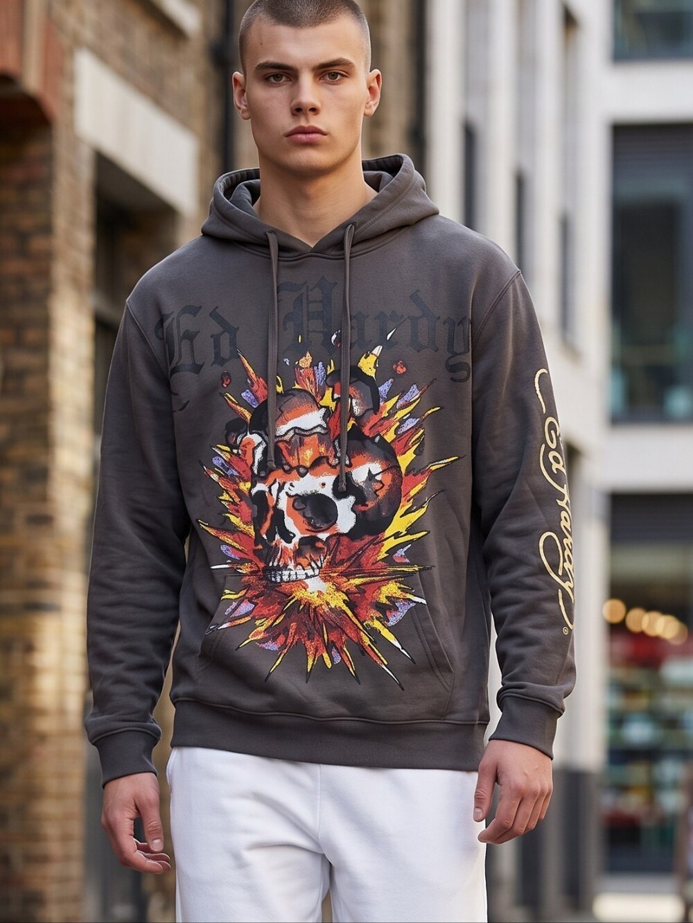 Ed Hardy Mens Skull Graphic Hoodie Charcoal Gray Y2K Streetwear Size Small